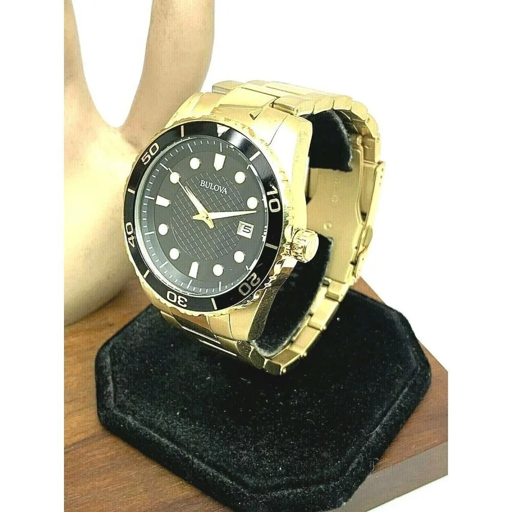 Bulova Men's Watch 98B375 Quartz Black Dial Date Gold Stainless Steel 43…